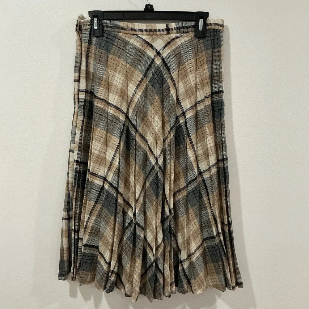 Vtg Wool Plaid Pleated Skirt Sz 16 MADISON Union Rustic Fall Colors EUC 60s 70s